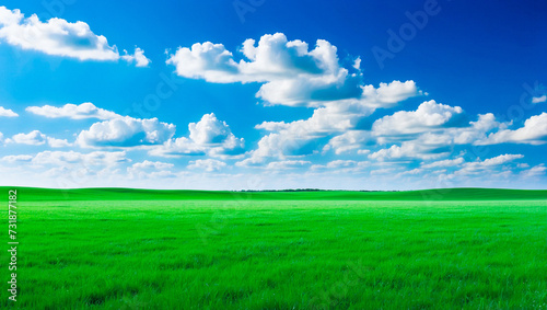 meadow  grassland  landscape agriculture lawn  field   sky  cloud   flower  nature  spring Background image of a vast green field under a bright blue sky. bright green grass Receives light well The ba