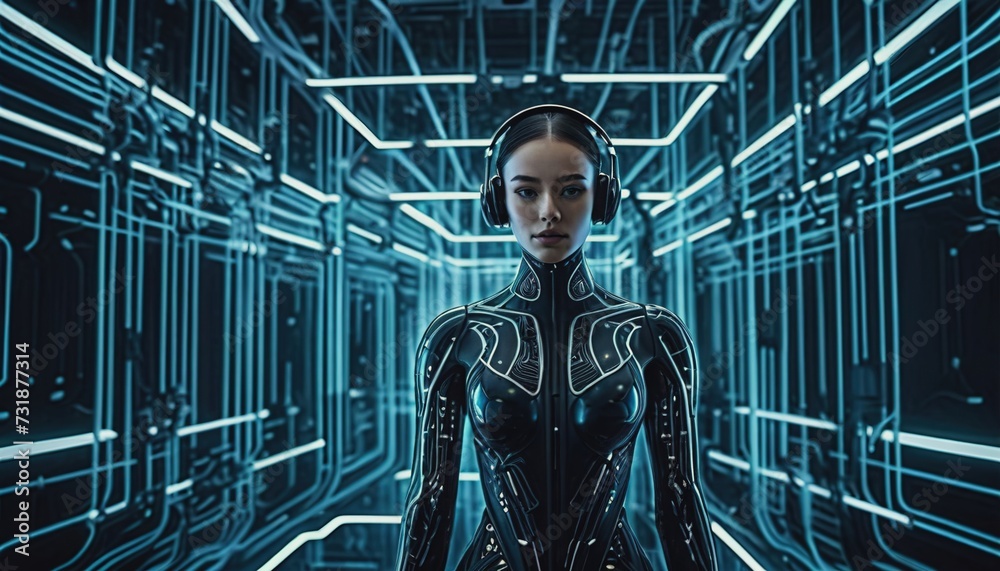 Fototapeta premium artificial intelligence, cyborg girl, artificial intelligence girl, artificial intelligence in human form