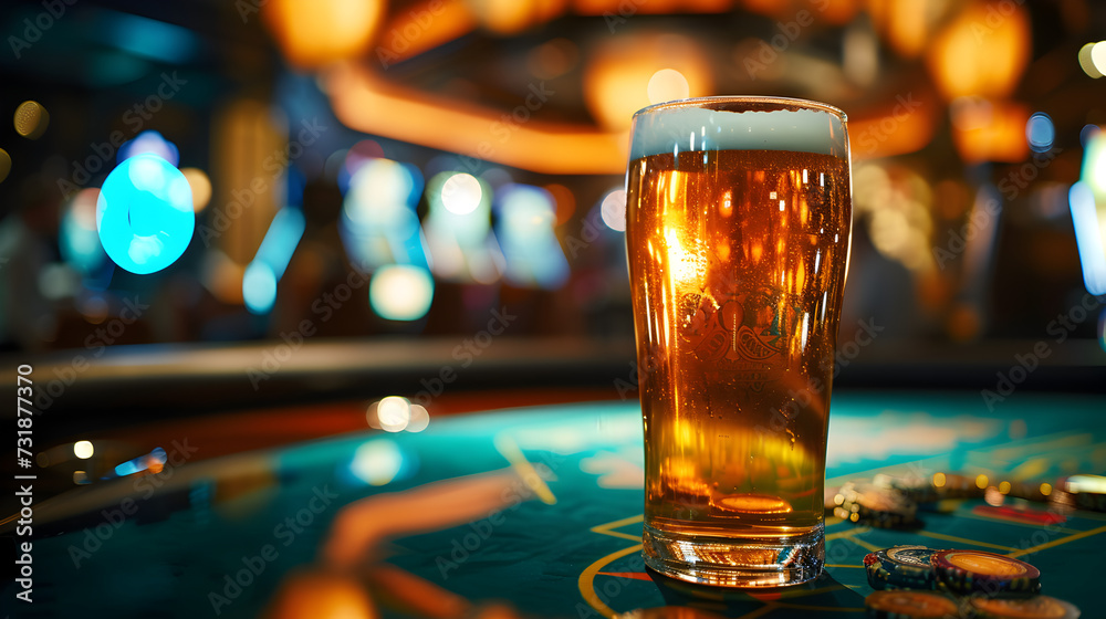 Cinematic wide angle photograph of a beer pint glass in a casinos roulette table. Product photography. Advertising. - obrazy, fototapety, plakaty 