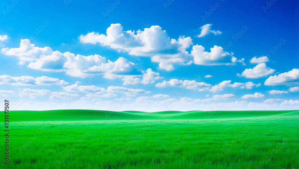 Fototapeta premium meadow, grassland, landscape,agriculture,lawn, field, sky, cloud, flower, nature, spring,Background image of a vast green field under a bright blue sky. bright green grass Receives light well The ba
