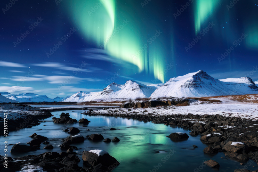 Vivid aurora borealis illuminating night sky over mountains