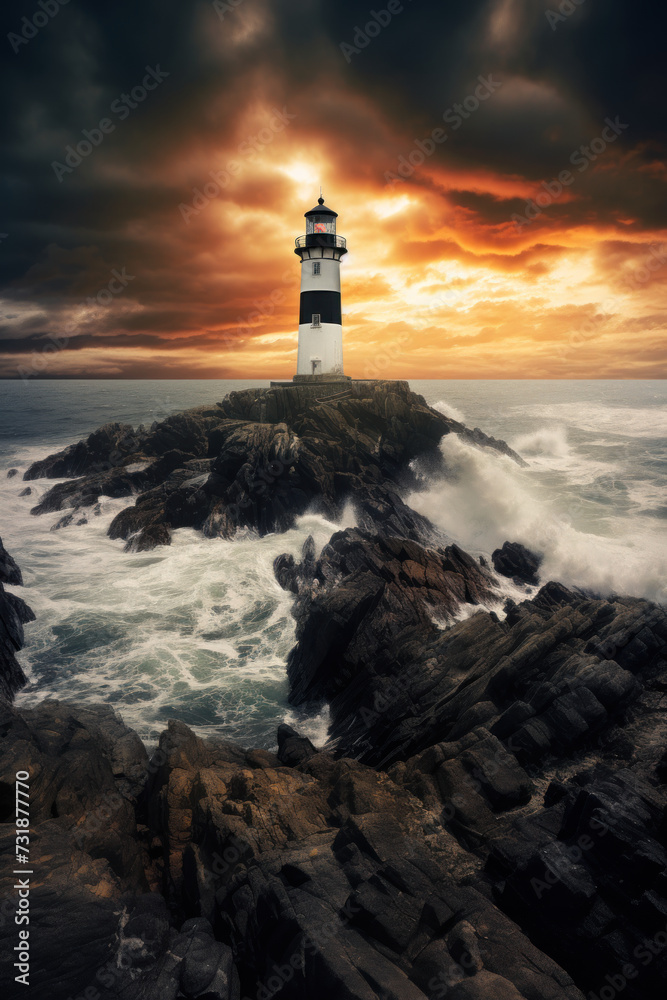 Seaside lighthouse on rocky outcrop at sunset