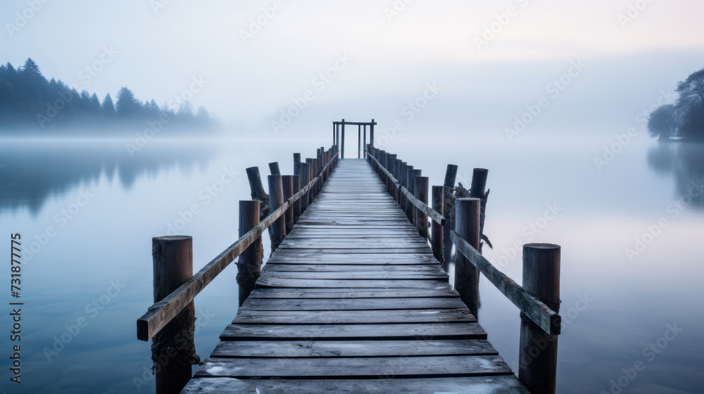 Serene lake with wooden pier disappearing into fog