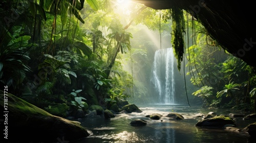 Verdant rainforest cascade with sunlight piercing through