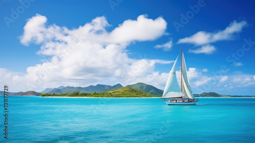 Serene seascape with sailboat and distant islands