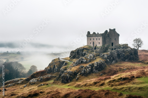 Ancient castle ruins amidst misty landscape at dawn