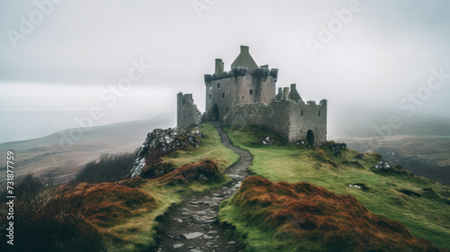 Ancient castle ruins amidst misty landscape at dawn