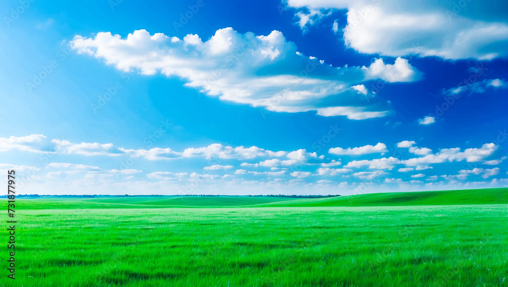 meadow, grassland, landscape,agriculture,lawn, field,  sky, cloud,  flower, nature, spring,Background image of a vast green field under a bright blue sky. bright green grass Receives light well The ba