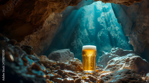 Cinematic wide angle photograph of a beer pint glass inside a rock cave. Product photography. Advertising.