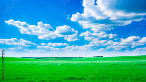 meadow, grassland, landscape,agriculture,lawn, field, sky, cloud, flower, nature, spring,Background image of a vast green field under a bright blue sky. bright green grass Receives light well The ba