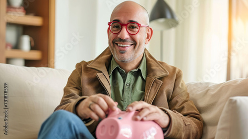 cheerful middle-aged man with glasses, inserting a coin into a pink piggy bank, symbolizing savings or investment, in a cozy home setting