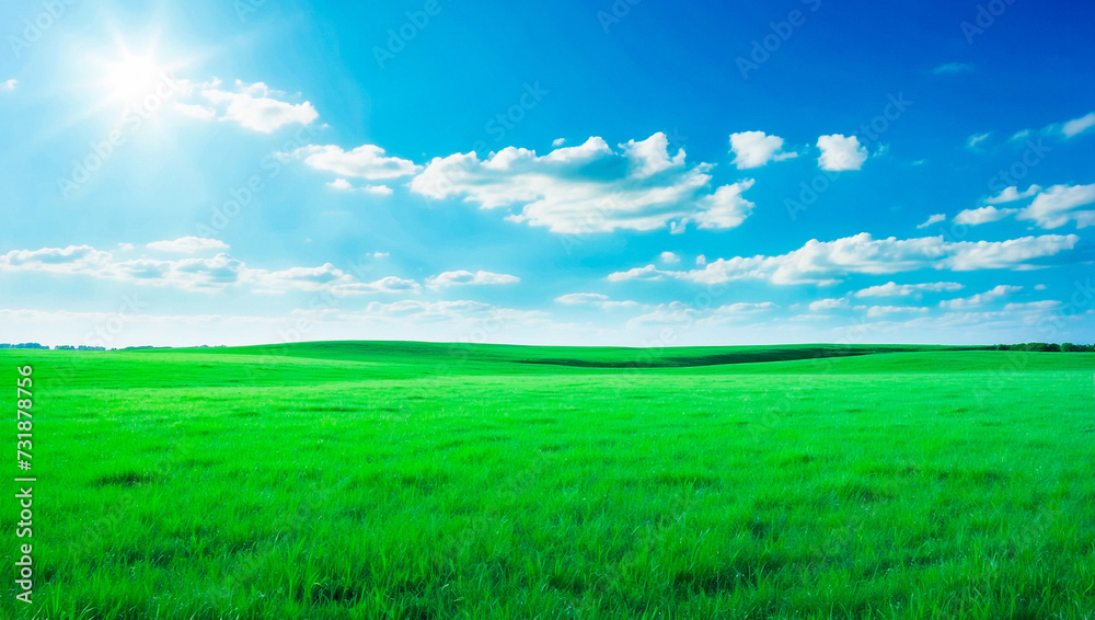 meadow, grassland, landscape,agriculture,lawn, field,  sky, cloud,  flower, nature, spring,Background image of a vast green field under a bright blue sky. bright green grass Receives light well The ba