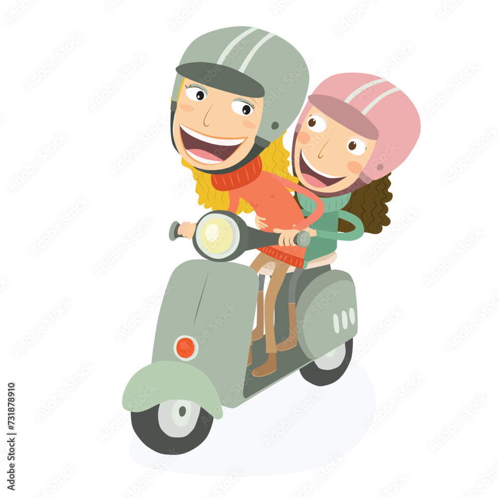 Blonde girl and little girl driving a scooter. Vector Illustration.