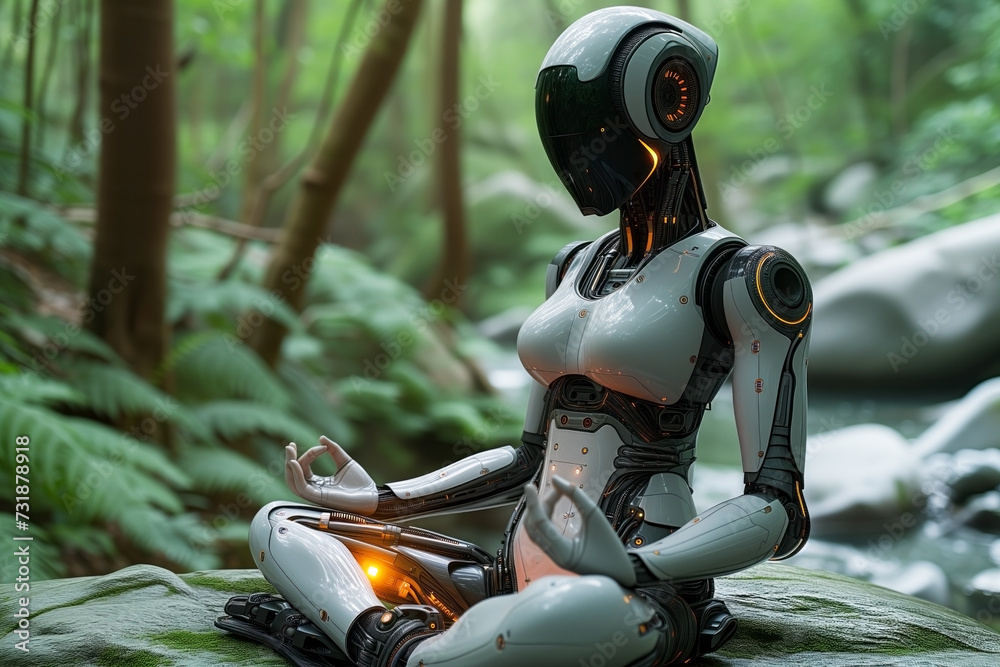 An anthropogenic female robot meditates sitting in a lotus position in nature An anthropogenic female robot meditates sitting in a lotus position in nature