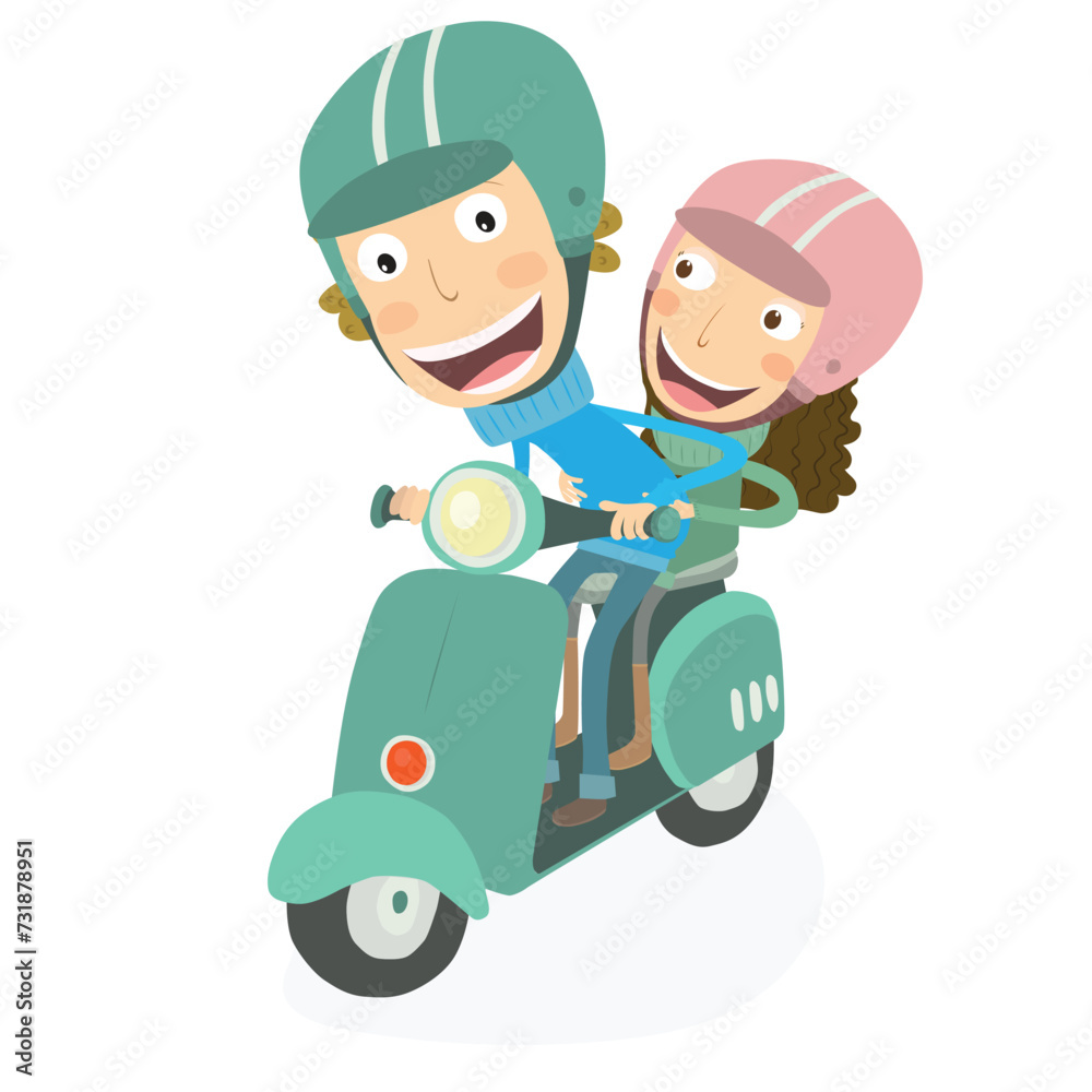 Boy and fgirl driving a scooter. Vector Illustration.