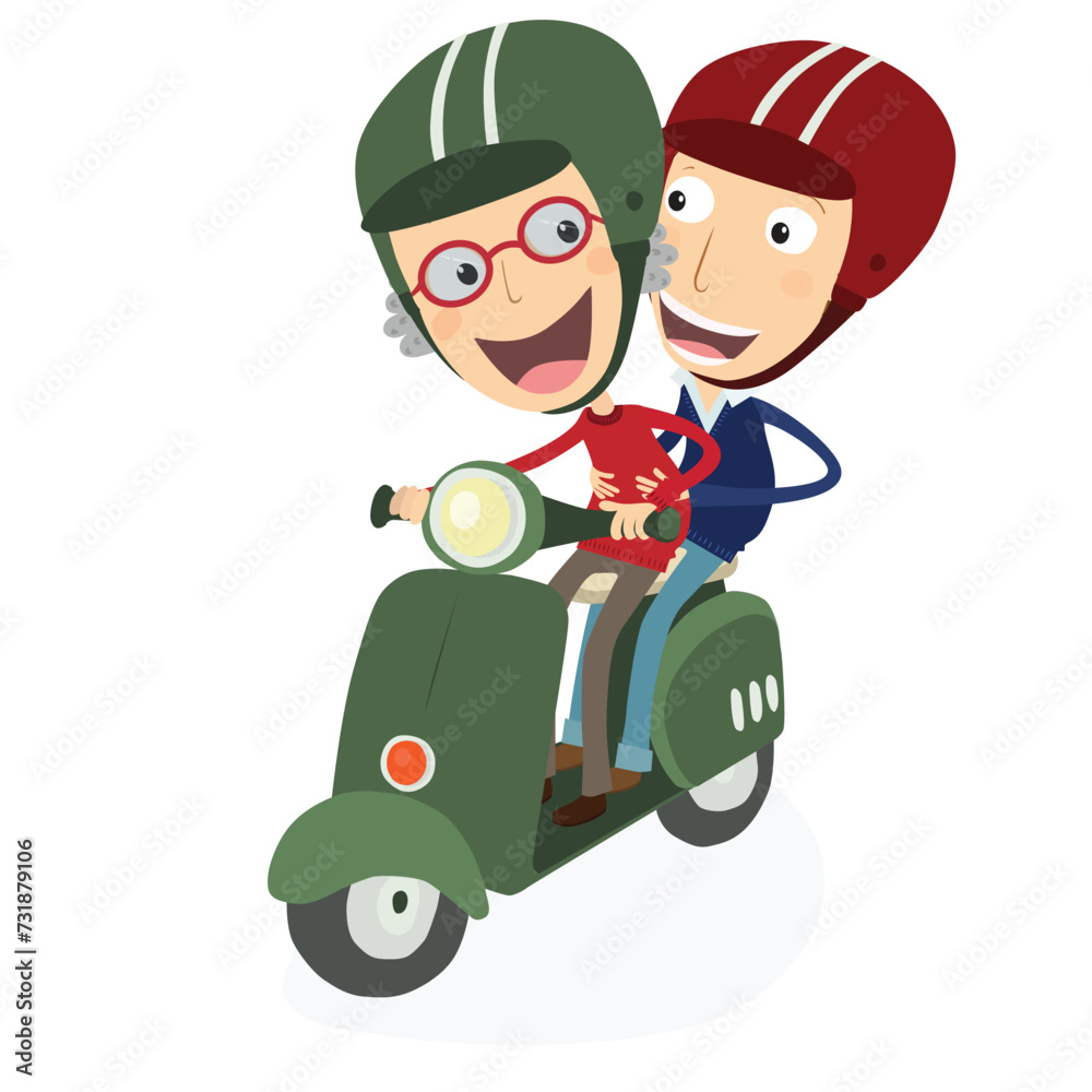Senior man and man driving a scooter. Vector Illustration. Senior man and man driving a scooter. Vector Illustration.