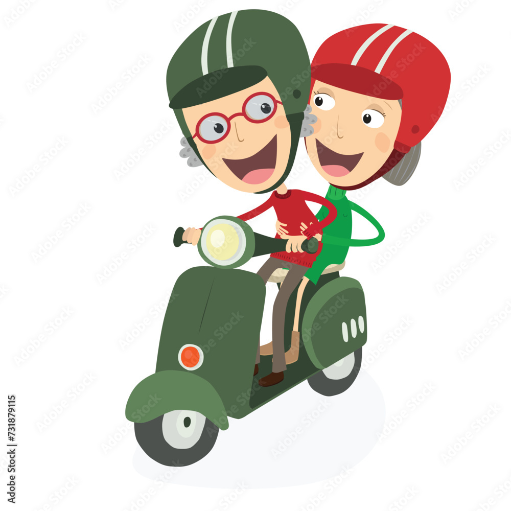 Senior man and senior woman driving a scooter. Vector Illustration.