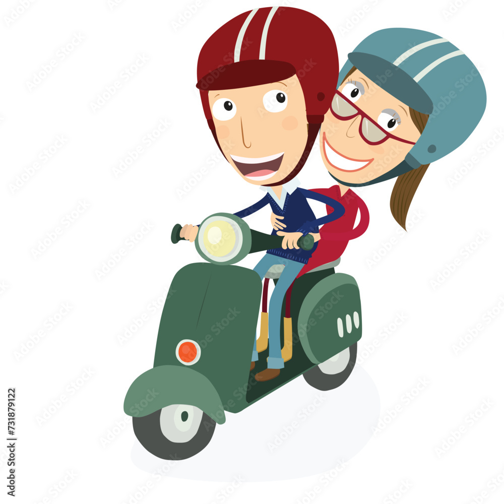 Man and woman driving a scooter. Vector Illustration. Man and woman driving a scooter. Vector Illustration.