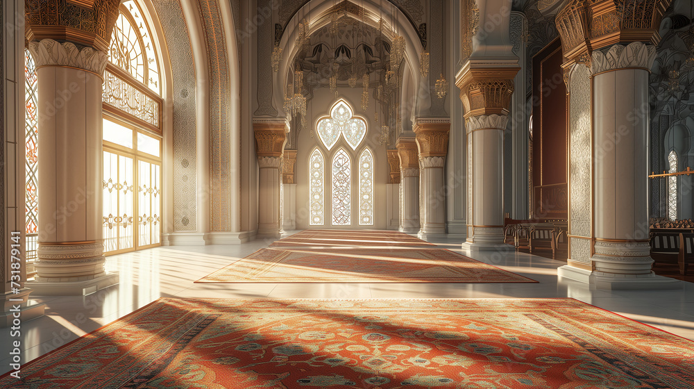 Sunshine entering through Door Beautifully in Empty Masjid (Mosque) for Ramadan and Eid 2024 as Background with Copy Space.