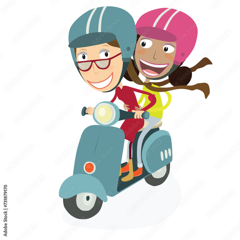 Woman and funny girl driving a scooter. Vector Illustration. Woman and funny girl driving a scooter. Vector Illustration.