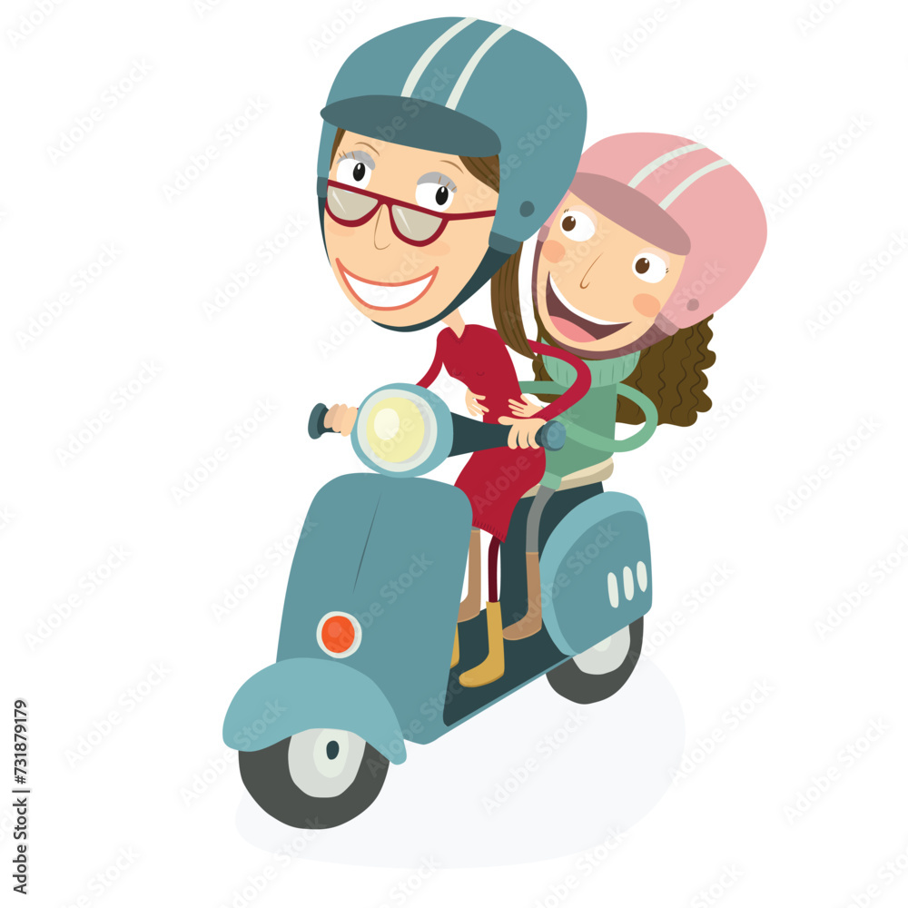 Woman and little girl driving a scooter. Vector Illustration.