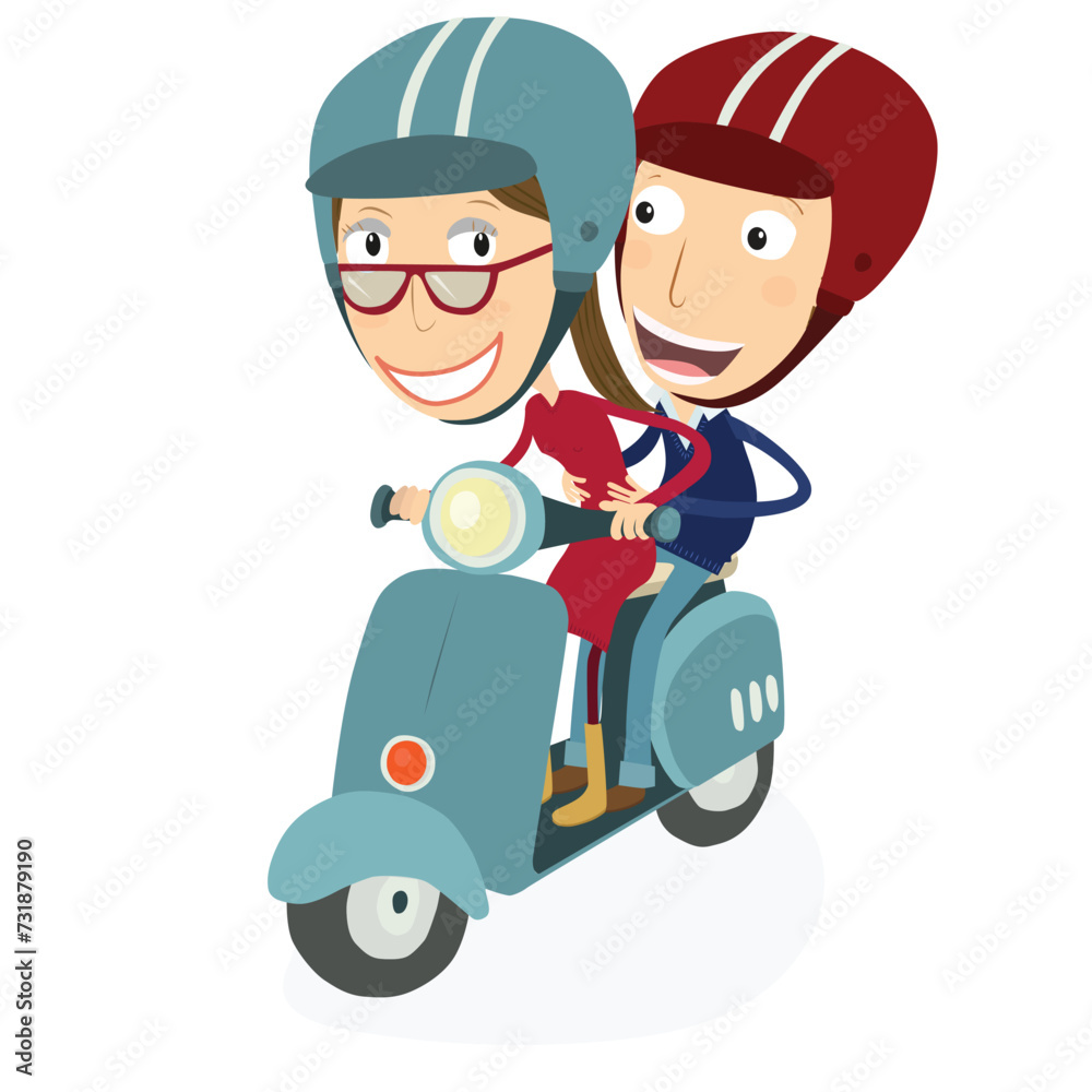Woman and man driving a scooter. Vector Illustration. Woman and man driving a scooter. Vector Illustration.