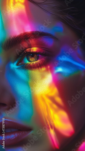 Woman's face illuminated by rainbow colored light. Close up. Rainbowcore. photo