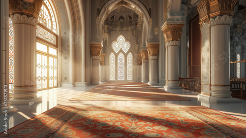 Sunshine entering through Door Beautifully in Empty Masjid  Mosque  for Ramadan and Eid 2024 as Background with Copy Space.