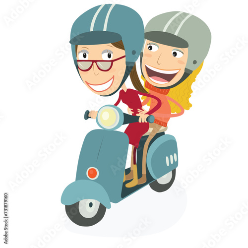 Woman and blonde girl driving a scooter. Vector Illustration.