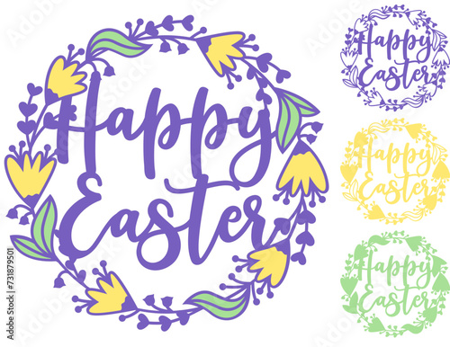 Happy Easter wreath with flowers, Cake topper layered paper cut, Easter round decoration