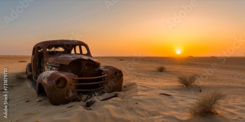 Abandoned vintage car in a desert landscape at sunset.