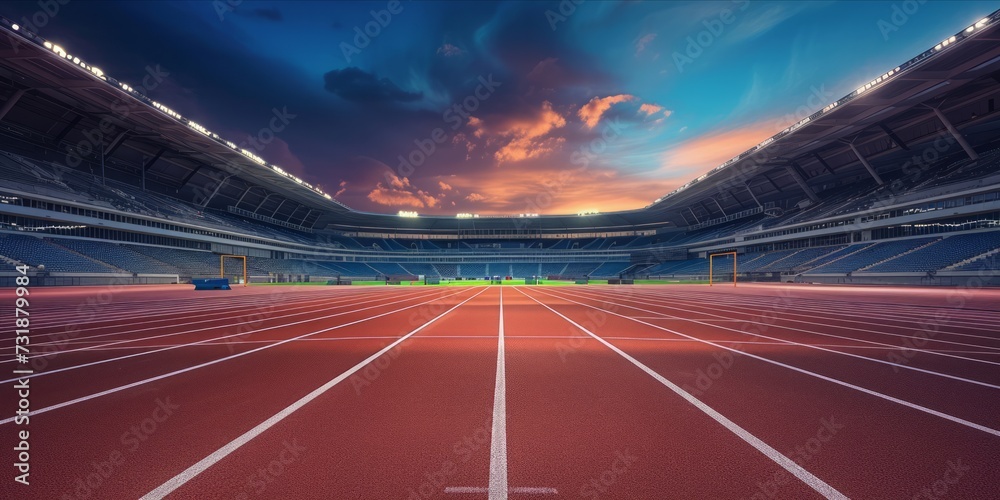 Empty sports stadium with a running track under the night sky. Empty sports stadium with a running track under the night sky.