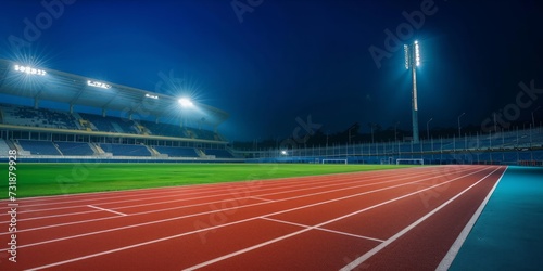Empty sports stadium with a running track under the night sky. © ParinApril