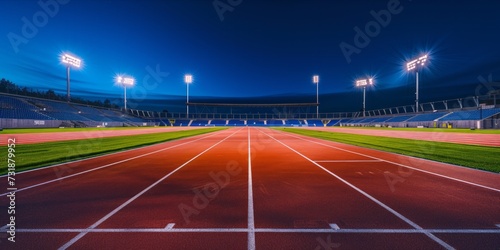 Empty sports stadium with a running track under the night sky.