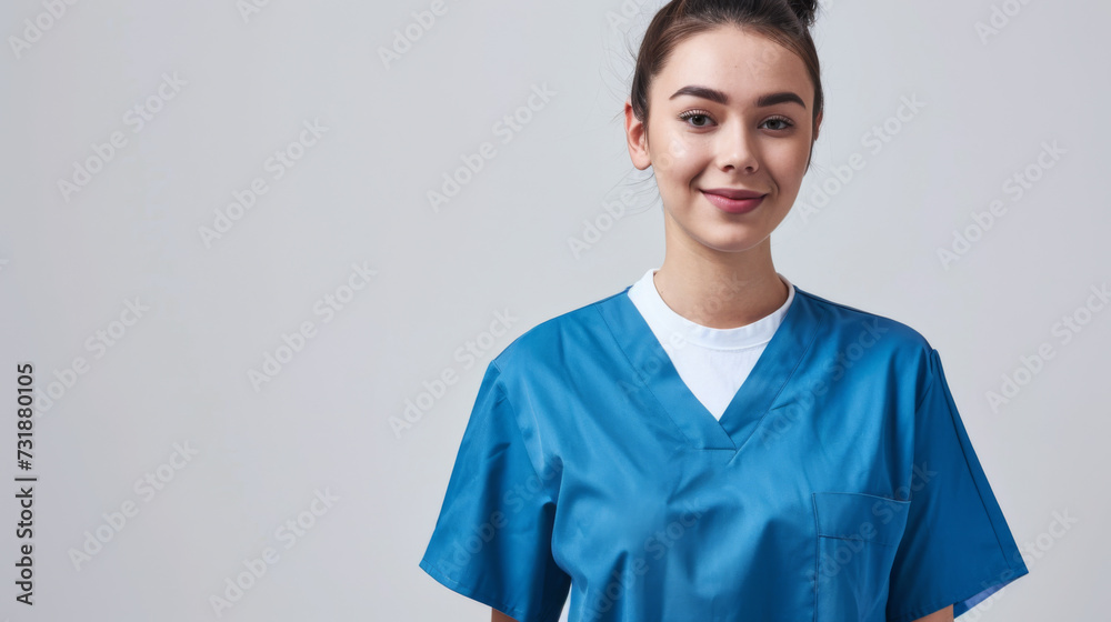 young woman with a pleasant smile, wearing a blue scrub top and a white undershirt, posing with her arms crossed against a white background young woman with a pleasant smile, wearing a blue scrub top and a white undershirt, posing with her arms crossed against a white background