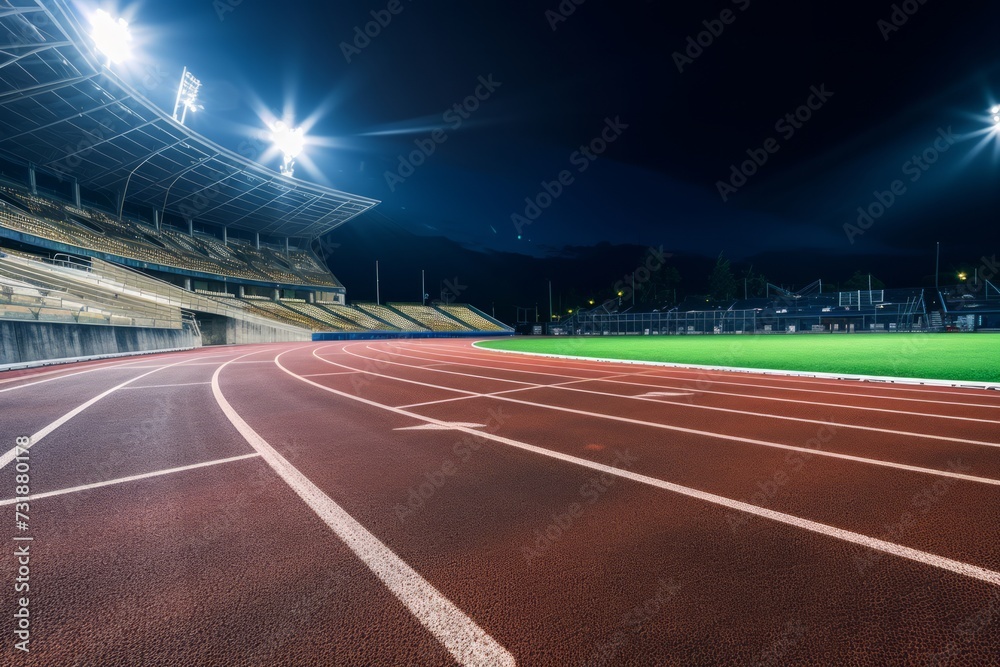 Empty sports stadium with a running track under the night sky. Empty sports stadium with a running track under the night sky.