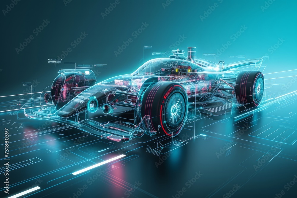Conceptual image of a high tech electric race car with a transparent chassis.