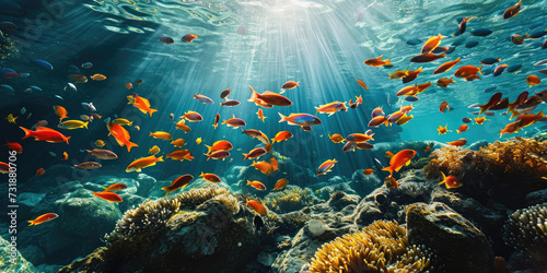  Shoal of colourful fish: Vibrant marine tableau with a colourful fish shoal illuminated by sun rays in a tropical underwater paradise