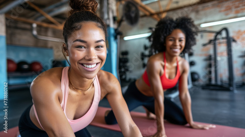 Two joyful women are doing plank exercises on yoga mats in a brightly lit gym, displaying energy and enthusiasm for fitness.