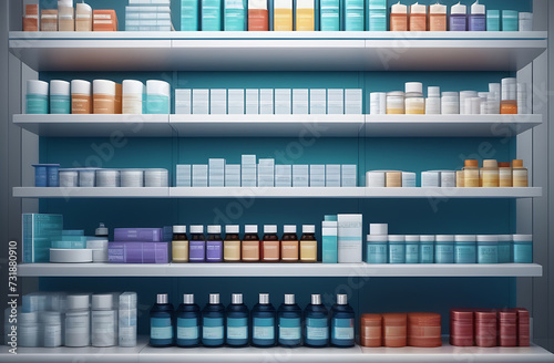 A modern pharmacy with a minimalistic design, shelves with medicines, pharmacy background. Blurred medicines on the shelves inside the pharmacy