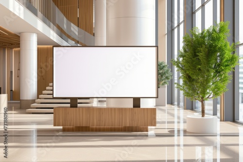 Modern corporate lobby with a blank presentation screen.