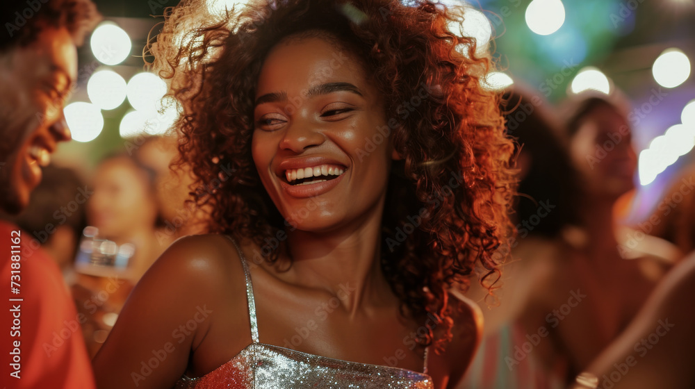 A joyous woman with curly hair, laughing heartily, surrounded by friends in a festive atmosphere with bokeh lights at a night party. A joyous woman with curly hair, laughing heartily, surrounded by friends in a festive atmosphere with bokeh lights at a night party.