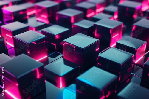 Abstract geometric background with 3D cubes and neon lighting.