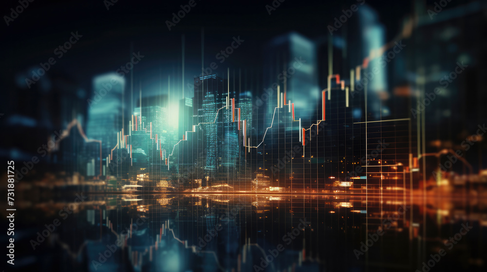 Financial industry background. Abstract view of blurred city sky line with investment graphs over layer.  Concept graphic for Stockmarket, investment trading, technology, Economy and business. - obrazy, fototapety, plakaty 