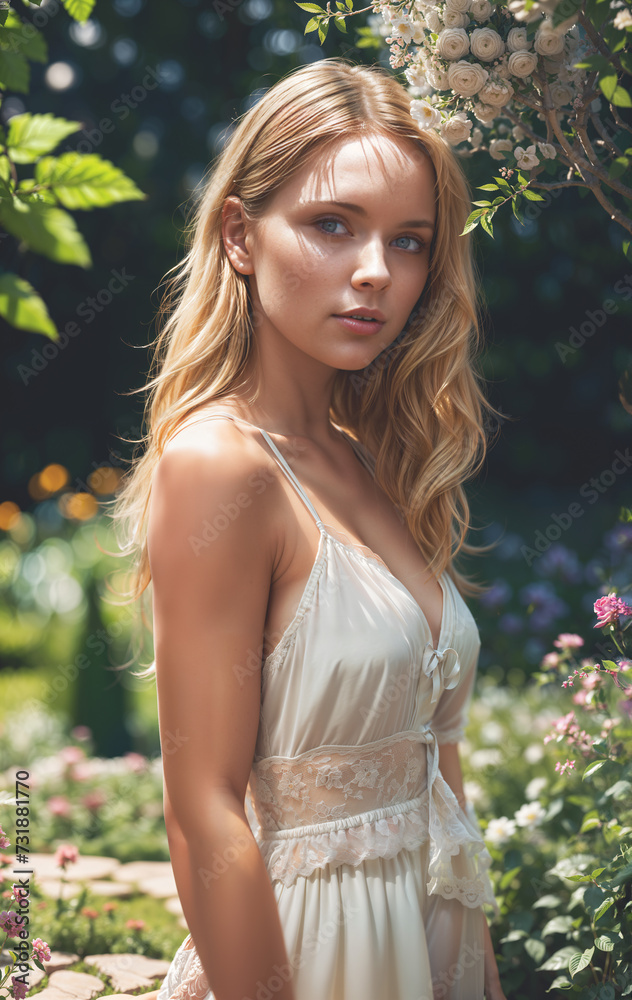 Portrait of a beautiful young woman in a blooming garden in the summer sun, wearing a beautiful white summer dress Portrait of a beautiful young woman in a blooming garden in the summer sun, wearing a beautiful white summer dress