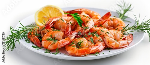 A delicious dish made with seafood, specifically shrimp, served on a white plate accompanied by a refreshing slice of lemon.