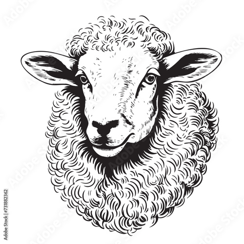 Realistic hand drawing of ewe head, sheep breeding concept, milk meat and wool production symbol