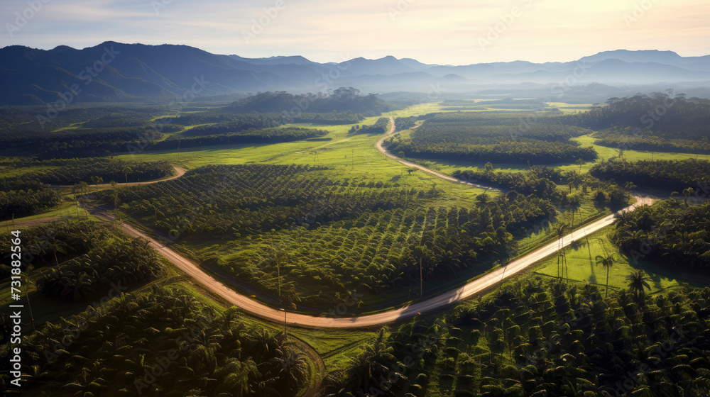 Aerial vista of expansive palm oil plantation: controversial agriculture meets eco-conscious growth.