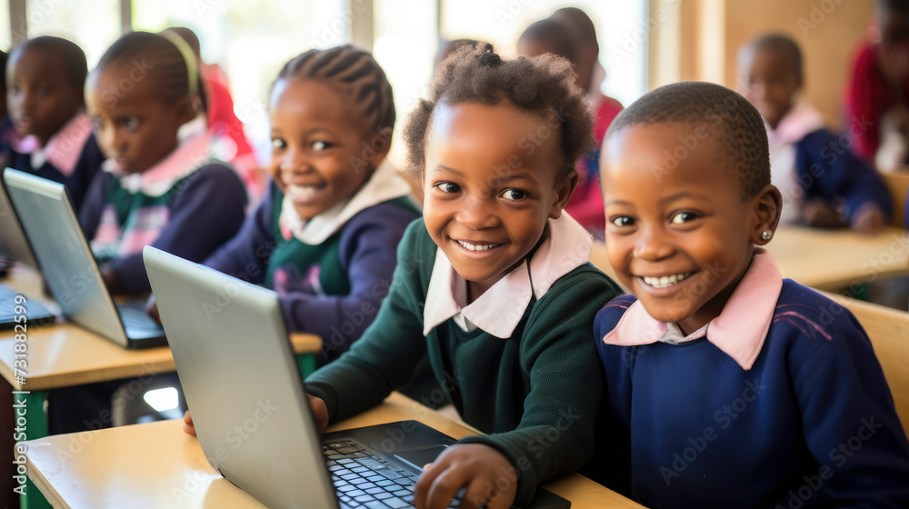African school children embrace technology in a local classroom, showcasing diversity and collaboration, This image captures the importance of modern and traditional learning African school children embrace technology in a local classroom, showcasing diversity and collaboration, This image captures the importance of modern and traditional learning