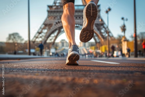 Close up of runner legs with the Eiffel Tower in the background.